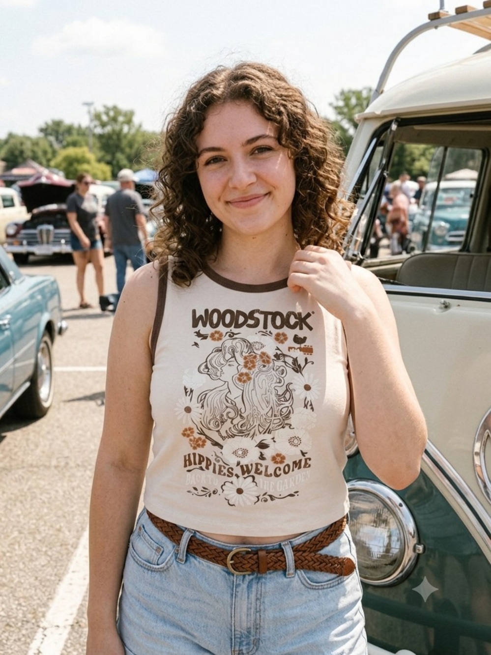 Woodstock Hippies Welcome Graphic Crop Tank Top XXL Hybrid Ringer Boho Festival